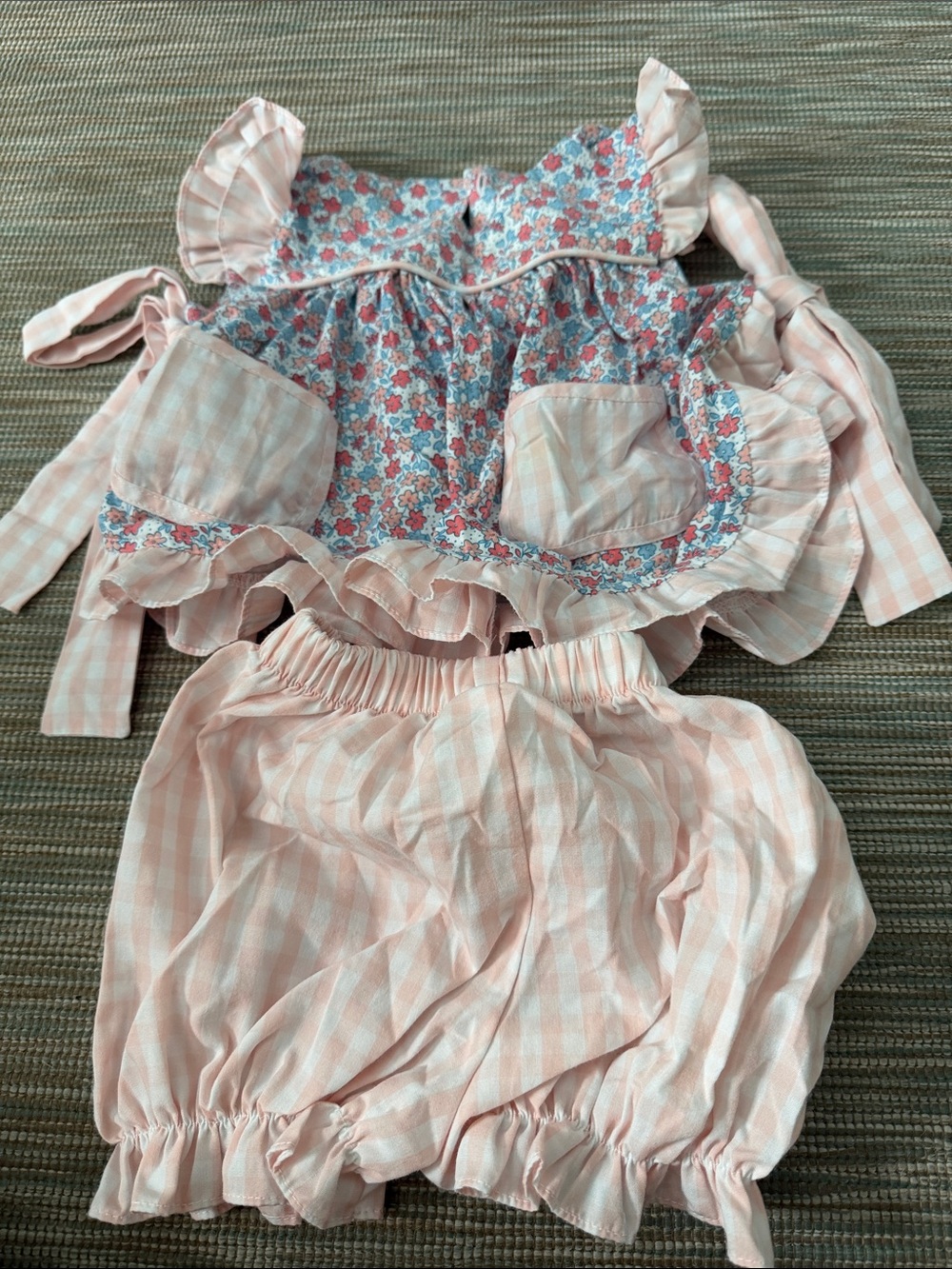 Girls Pink Gingham Floral Ruffle Two-Piece Set